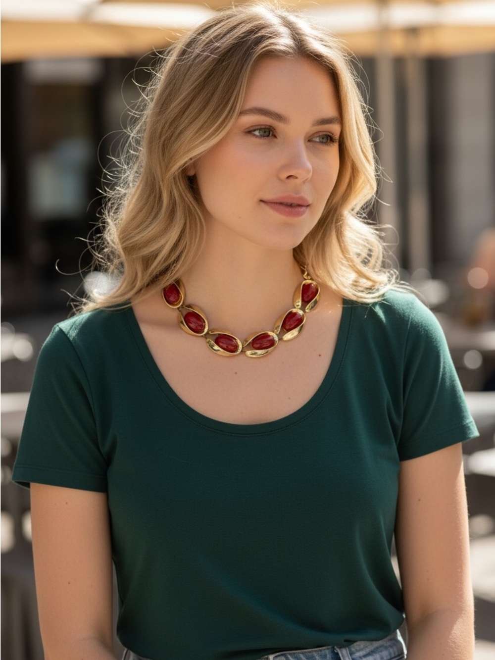 Vintage 1960’s Stamped Charel Gold-Tone Necklace with Red Cabochon Accents